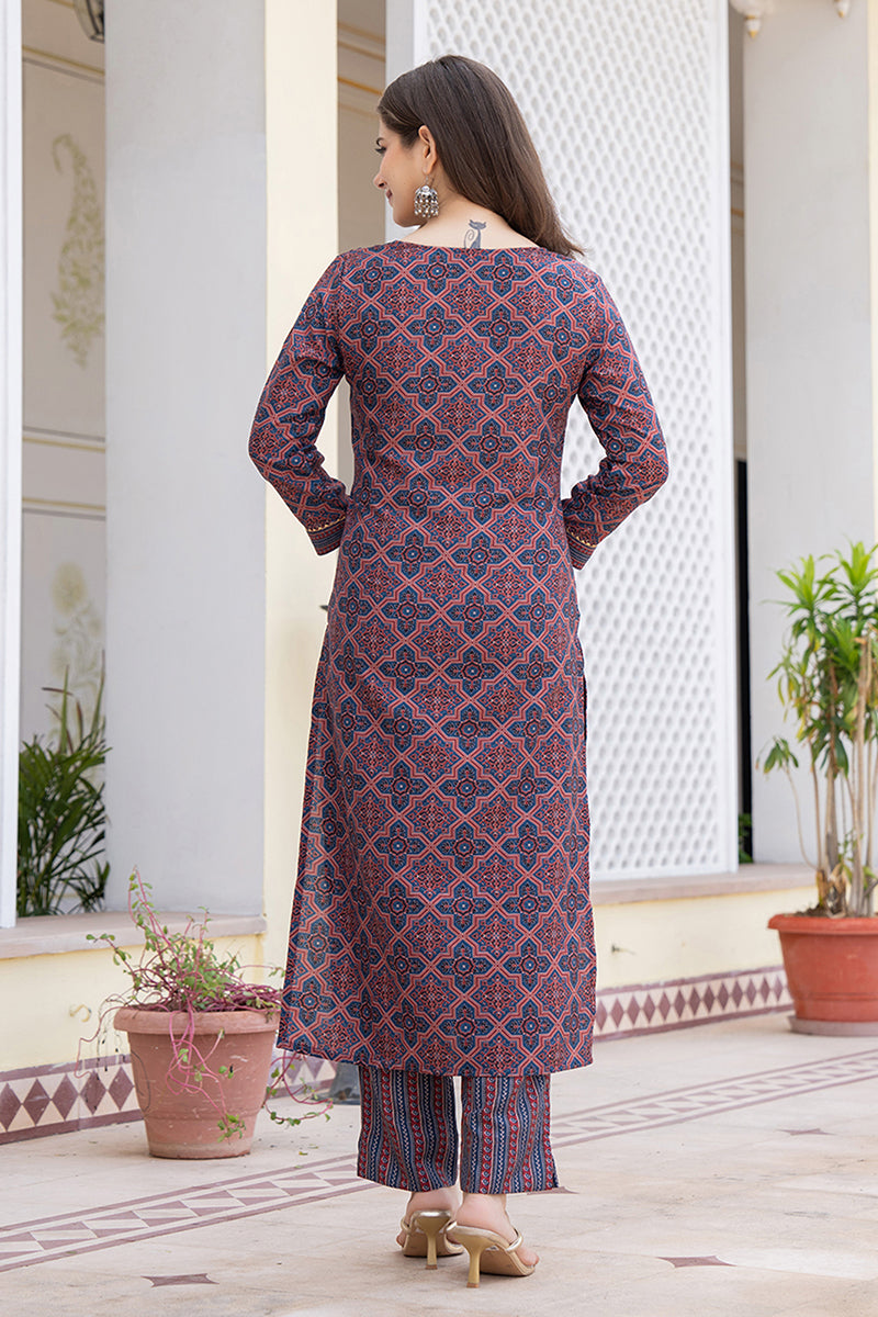 Women's Maroon Rayon Blend Ajrakh Printed Straight Kurta Trouser With Dupatta - Ahika