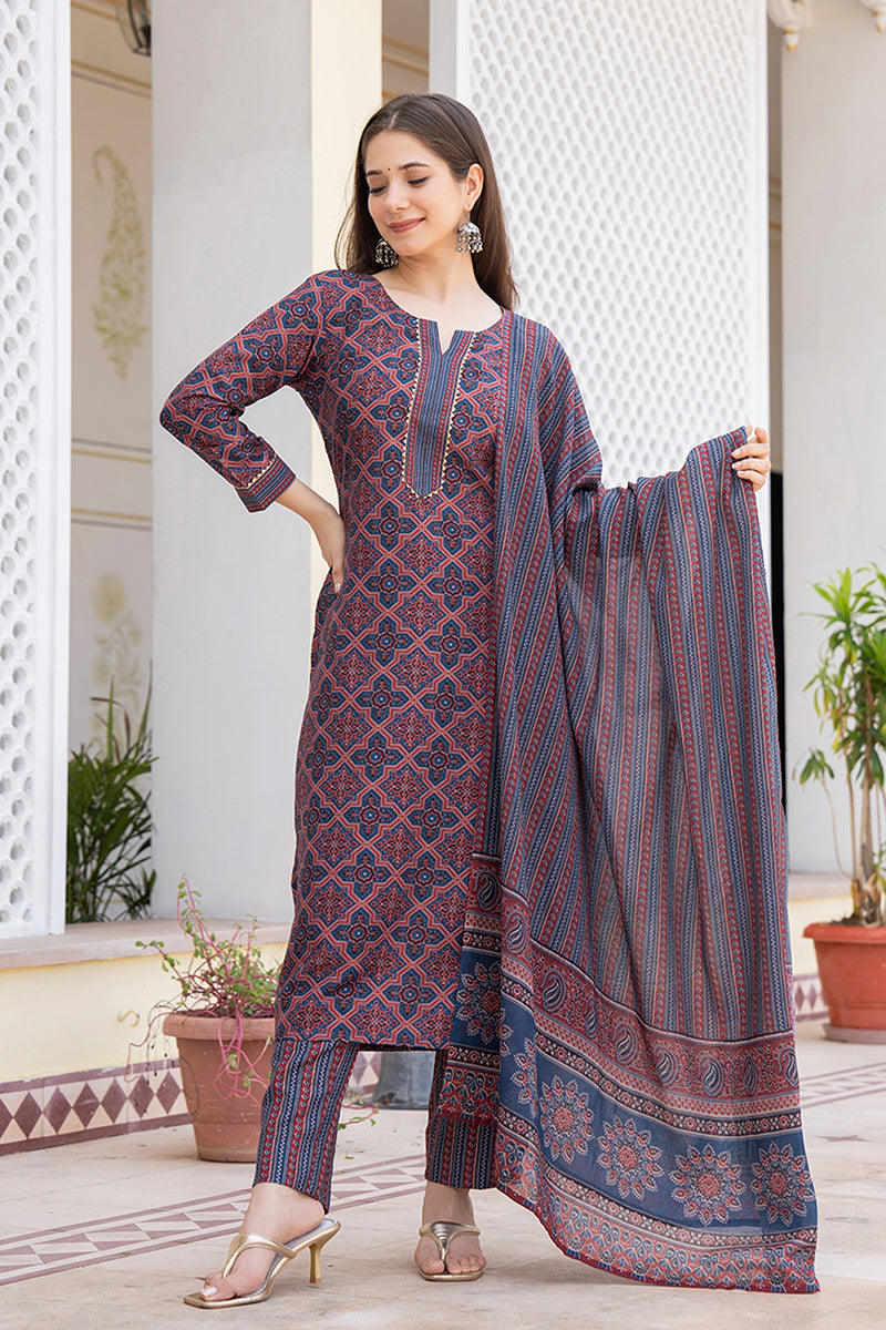 Women's Maroon Rayon Blend Ajrakh Printed Straight Kurta Trouser With Dupatta - Ahika