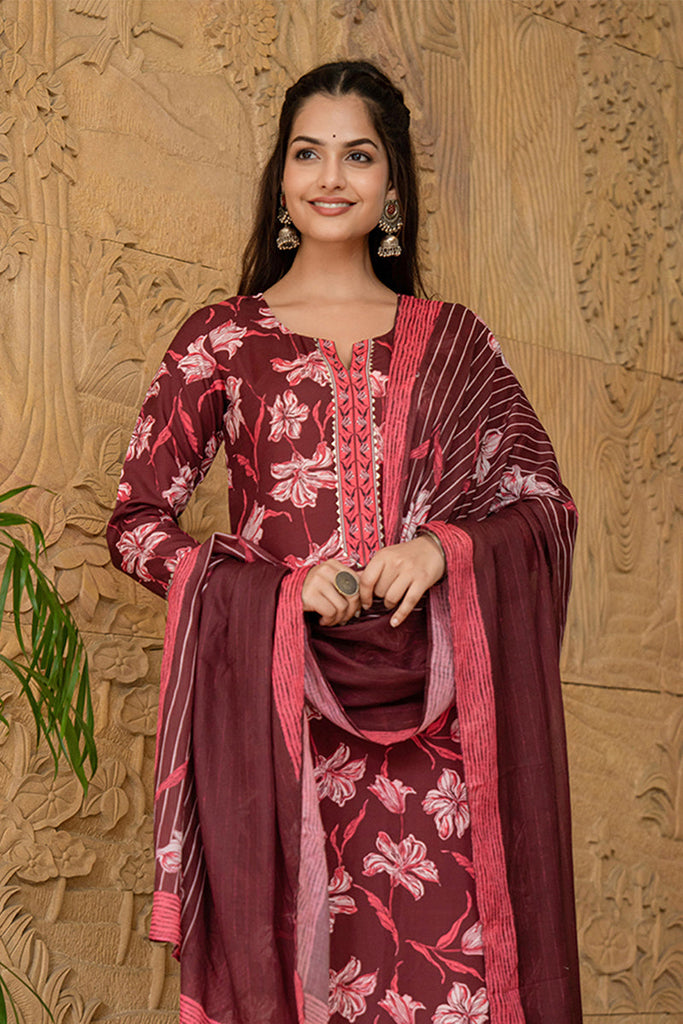 Women's Maroon Rayon Blend Floral Printed Straight Kurta Trouser With Dupatta