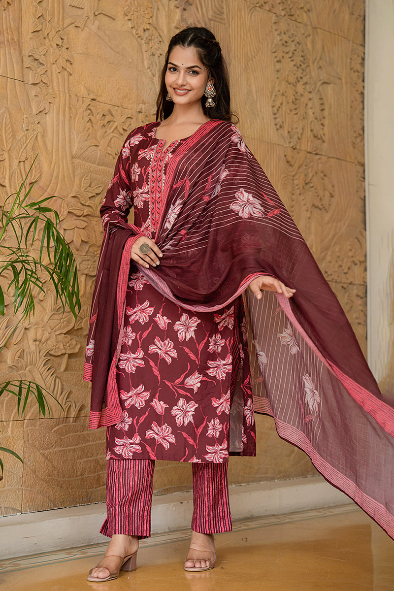 Women's Maroon Rayon Blend Floral Printed Straight Kurta Trouser With Dupatta - Ahika