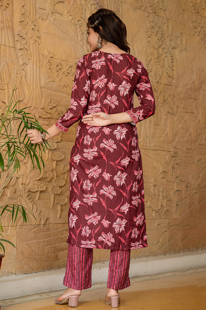 Women's Maroon Rayon Blend Floral Printed Straight Kurta Trouser With Dupatta