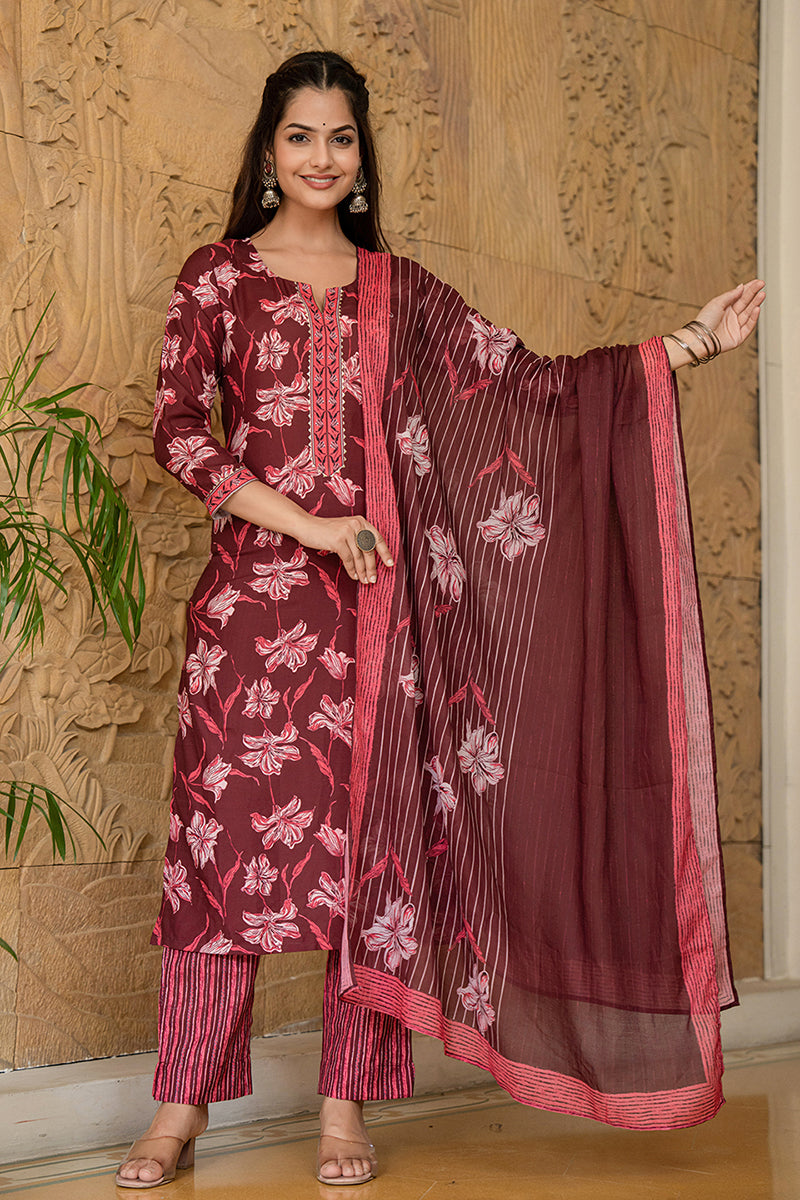 Women's Maroon Rayon Blend Floral Printed Straight Kurta Trouser With Dupatta - Ahika