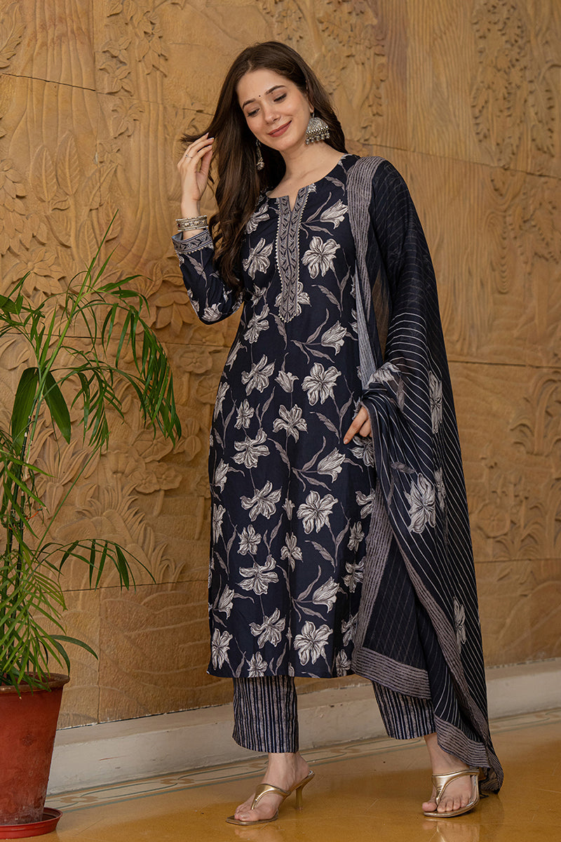 Women's Black Rayon Blend Floral Printed Straight Kurta Trouser With Dupatta - Ahika