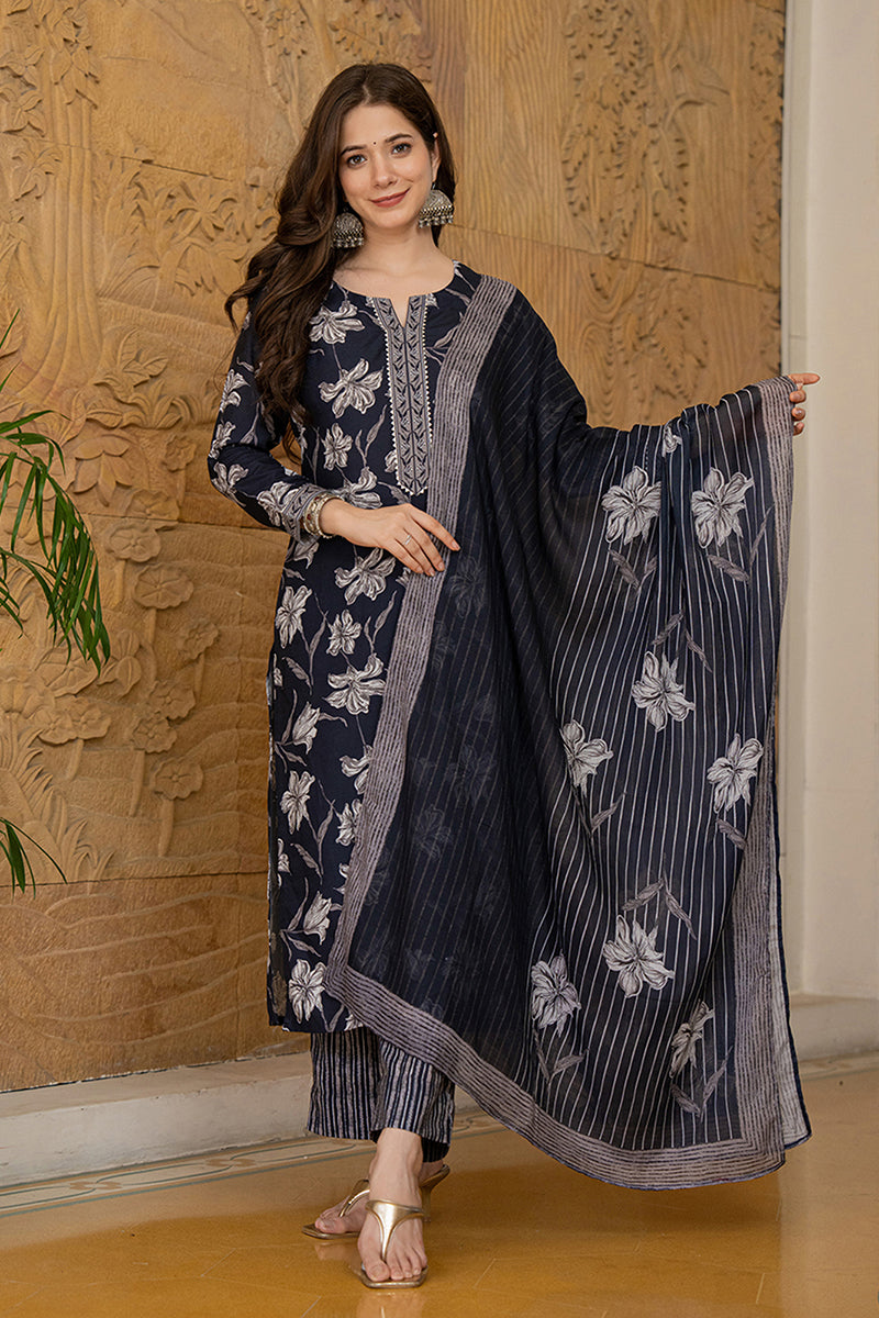 Women's Black Rayon Blend Floral Printed Straight Kurta Trouser With Dupatta - Ahika