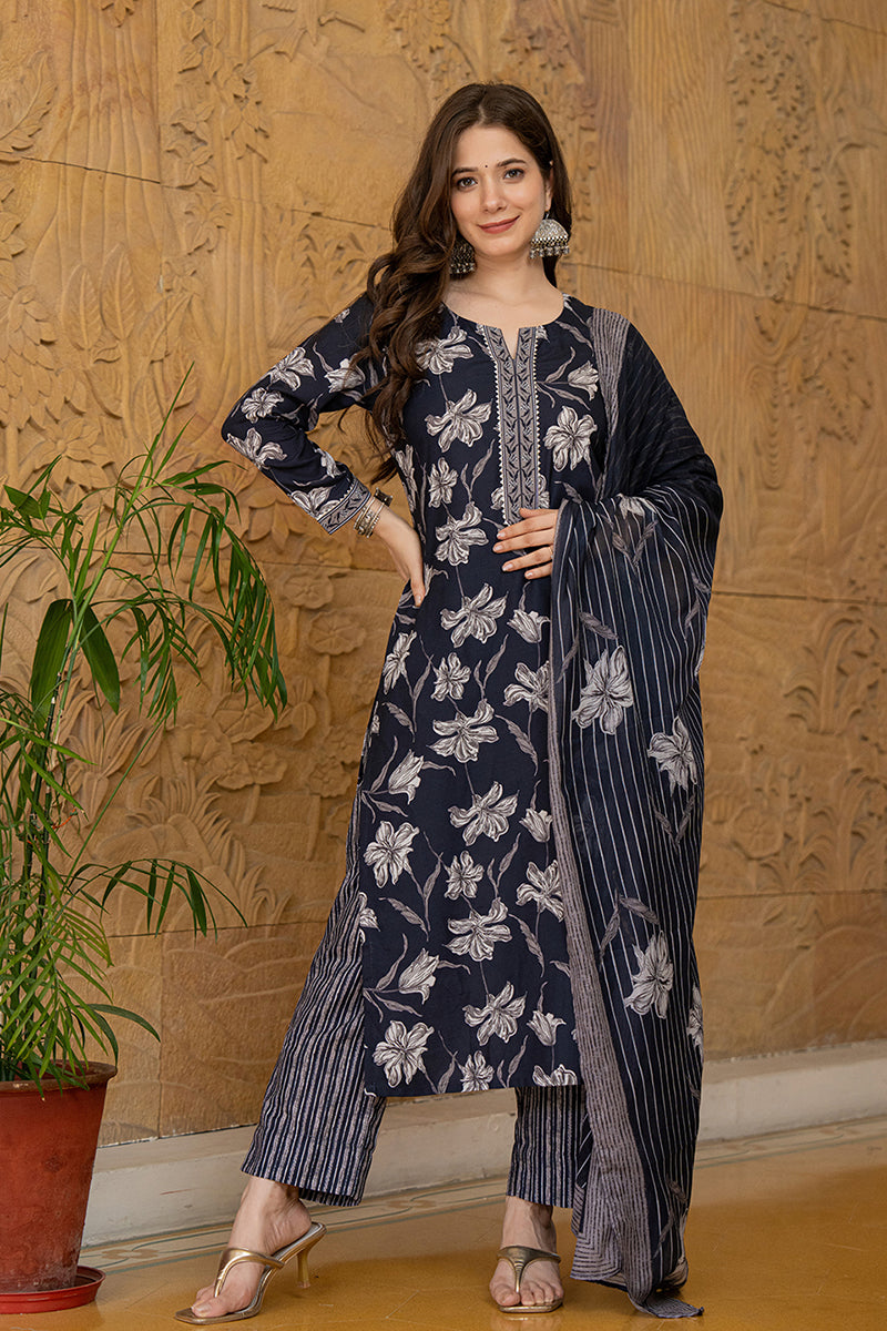 Women's Black Rayon Blend Floral Printed Straight Kurta Trouser With Dupatta - Ahika