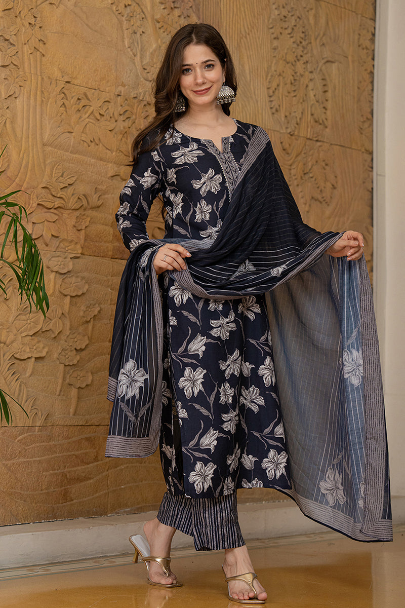 Women's Black Rayon Blend Floral Printed Straight Kurta Trouser With Dupatta - Ahika