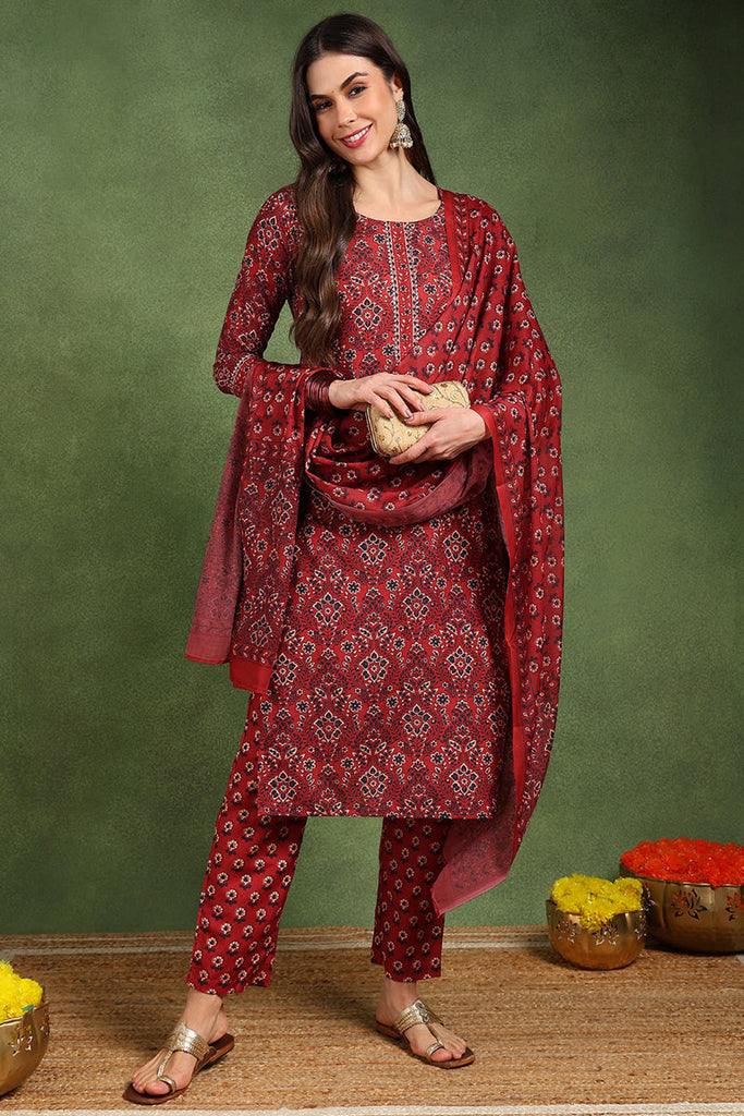 Women's Red Cotton Blend Floral Printed Straight Kurta Trouser With Dupatta