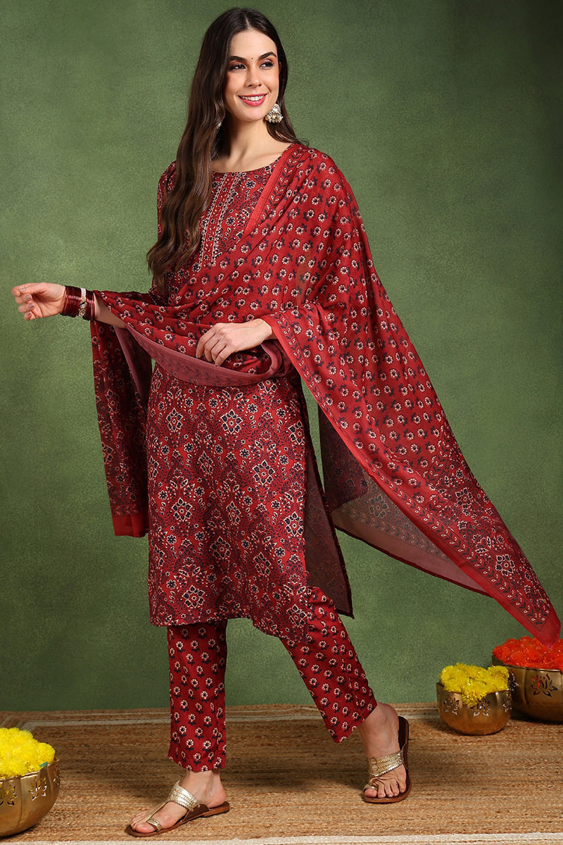 Women's Red Cotton Blend Floral Printed Straight Kurta Trouser With Dupatta - Ahika