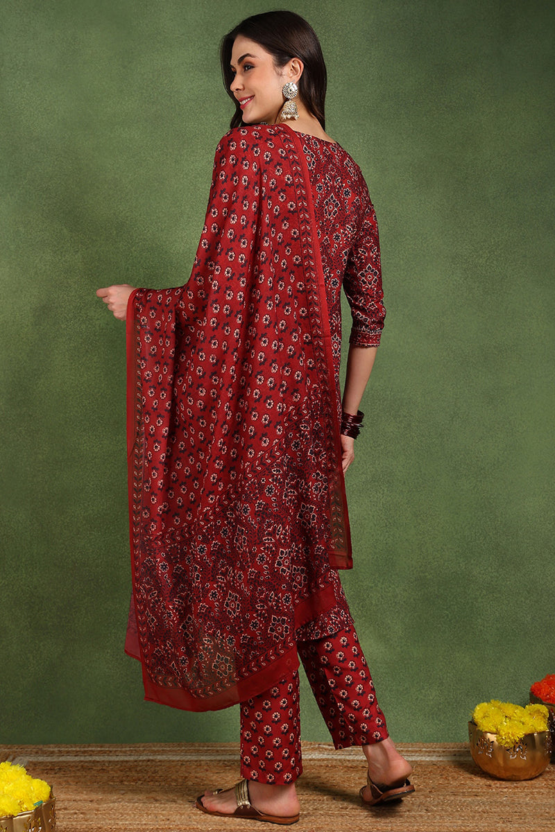 Women's Red Cotton Blend Floral Printed Straight Kurta Trouser With Dupatta - Ahika