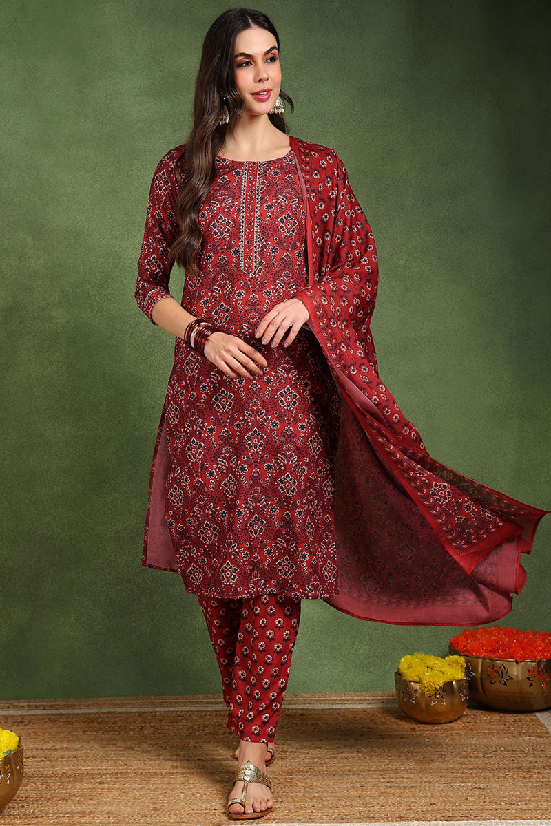 Women's Red Cotton Blend Floral Printed Straight Kurta Trouser With Dupatta - Ahika