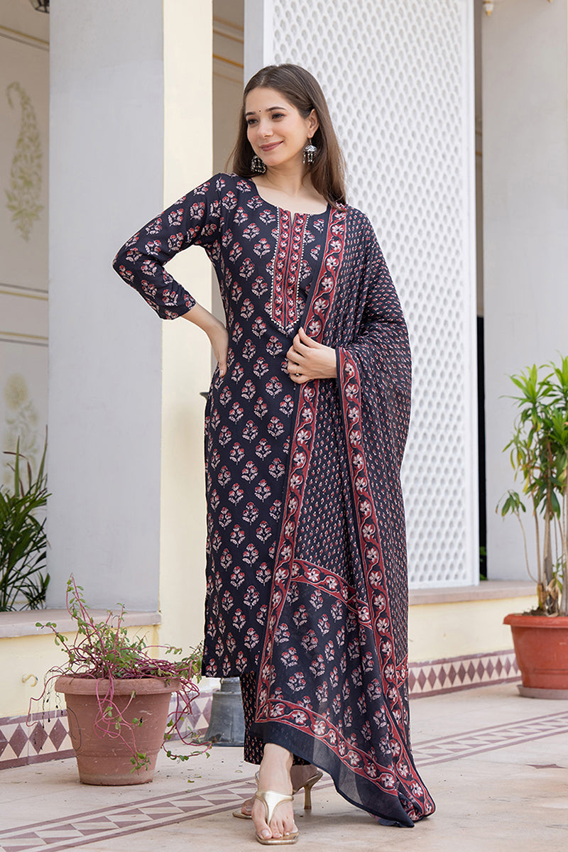 Women's Black Rayon Blend Floral Printed Straight Kurta Trouser With Dupatta - Ahika