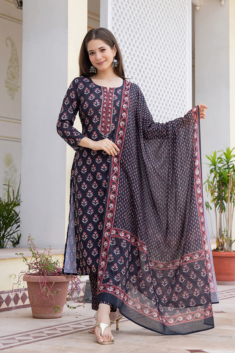 Women's Black Rayon Blend Floral Printed Straight Kurta Trouser With Dupatta - Ahika