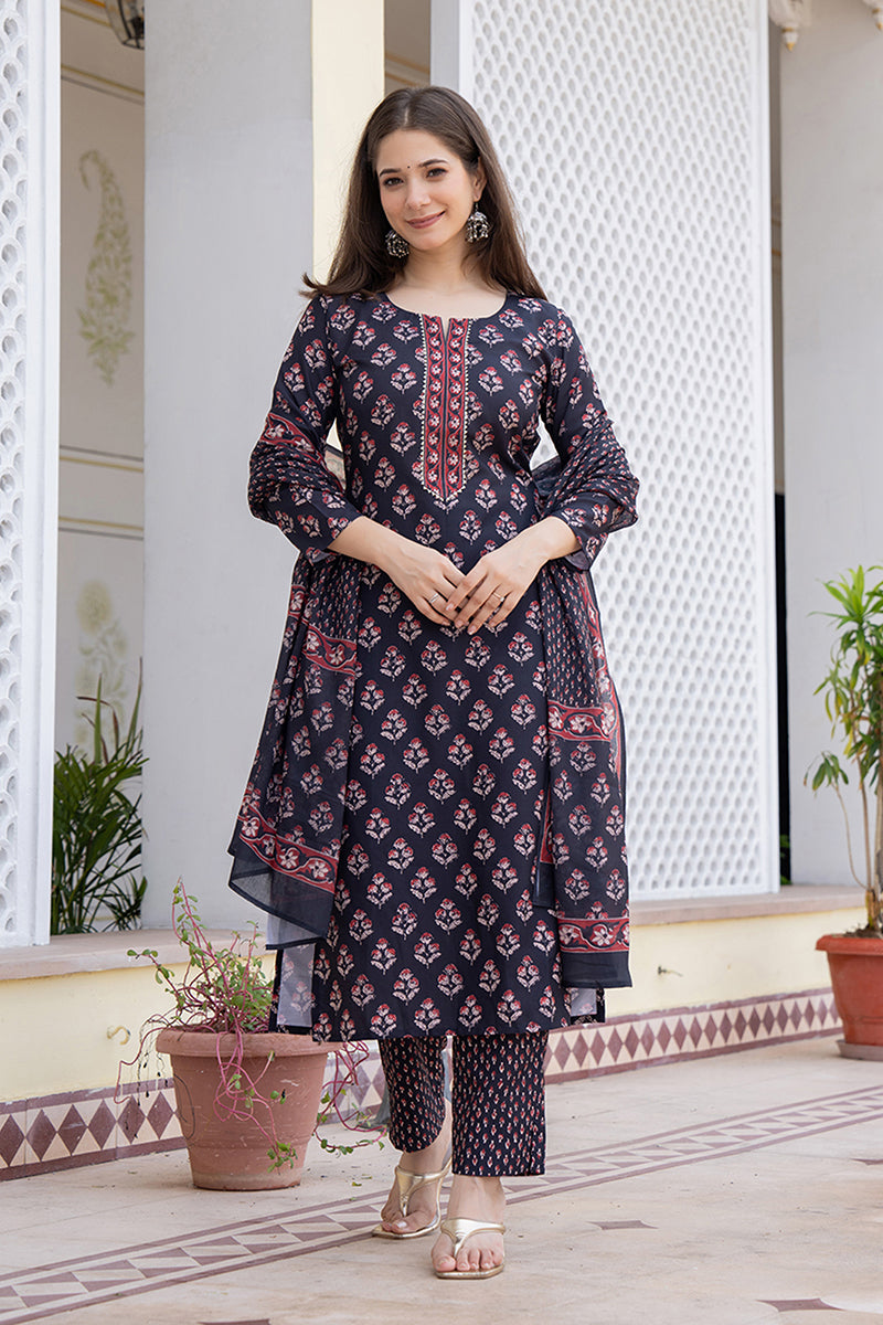 Women's Black Rayon Blend Floral Printed Straight Kurta Trouser With Dupatta - Ahika