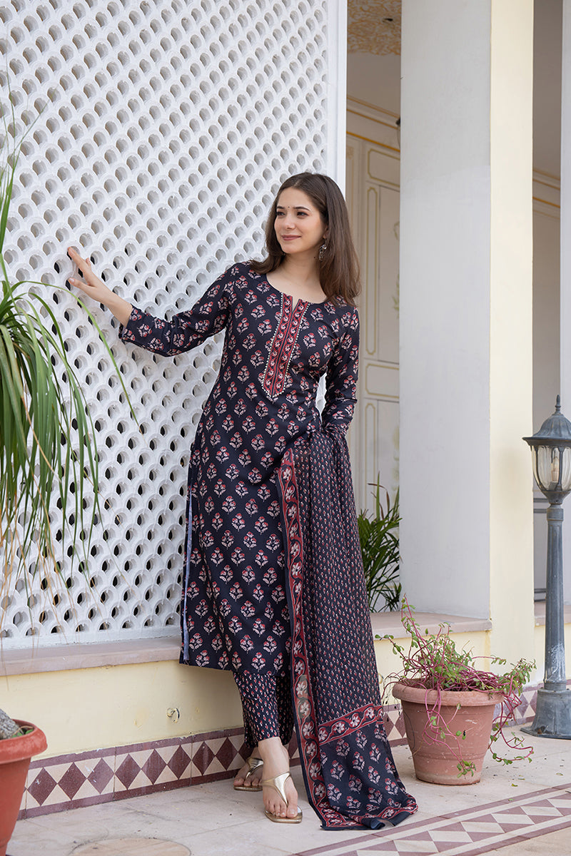 Women's Black Rayon Blend Floral Printed Straight Kurta Trouser With Dupatta - Ahika