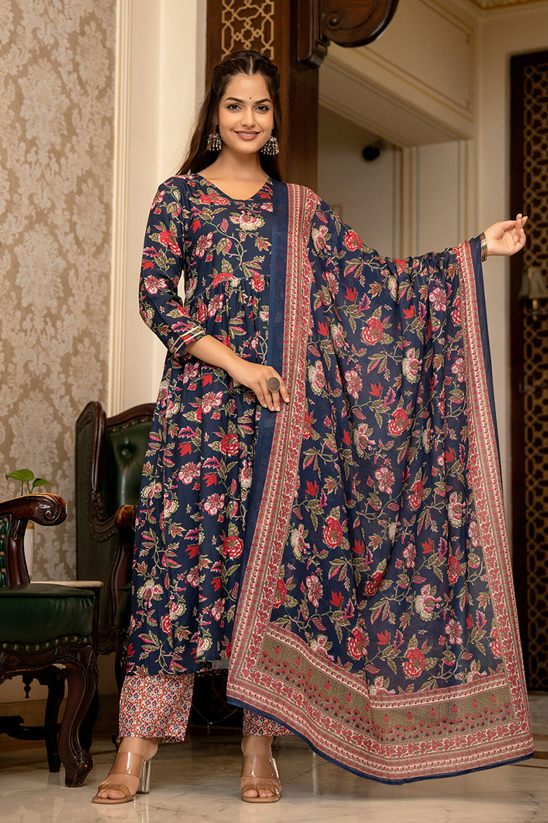 Women's Navy Blue Rayon Blend Floral Printed A-Line Kurta Trouser With Dupatta - Ahika