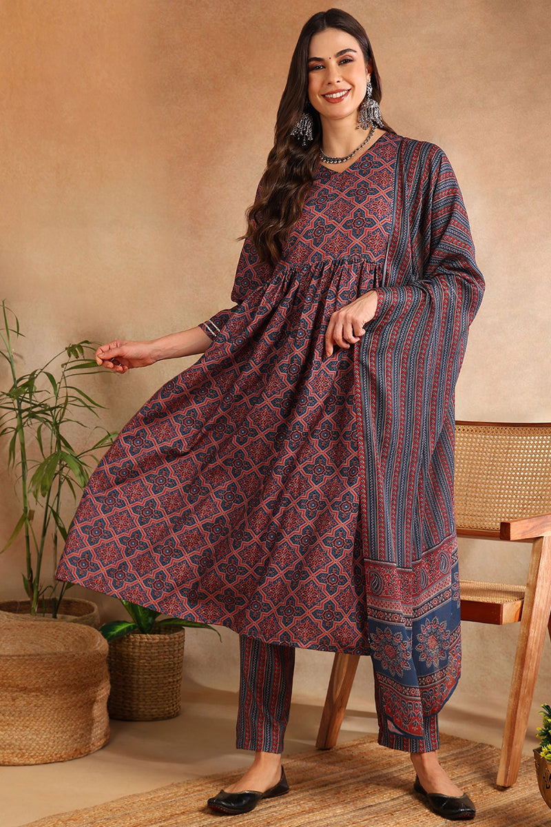 Women's Maroon Rayon Blend Ajrakh Printed A-Line Kurta Trouser With Dupatta - Ahika