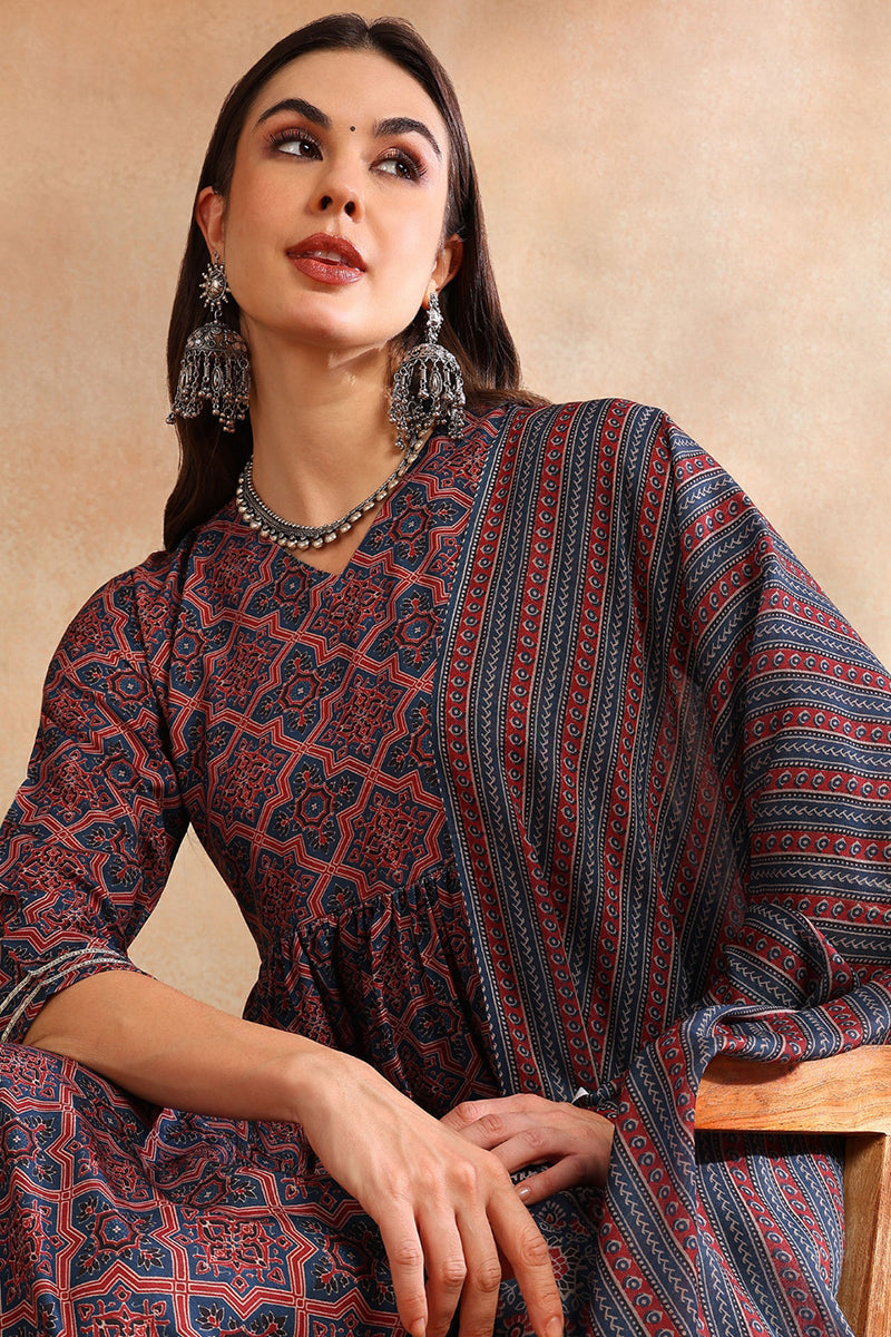 Women's Maroon Rayon Blend Ajrakh Printed A-Line Kurta Trouser With Dupatta - Ahika