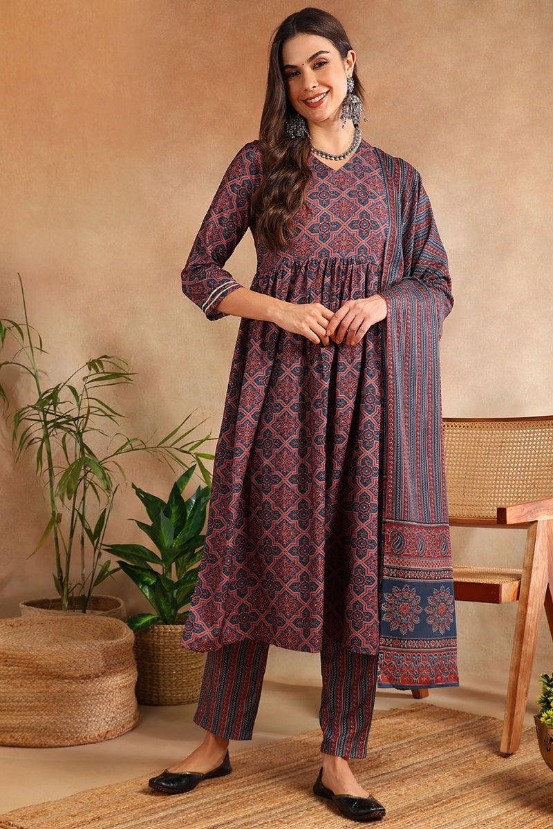 Women's Maroon Rayon Blend Ajrakh Printed A-Line Kurta Trouser With Dupatta - Ahika