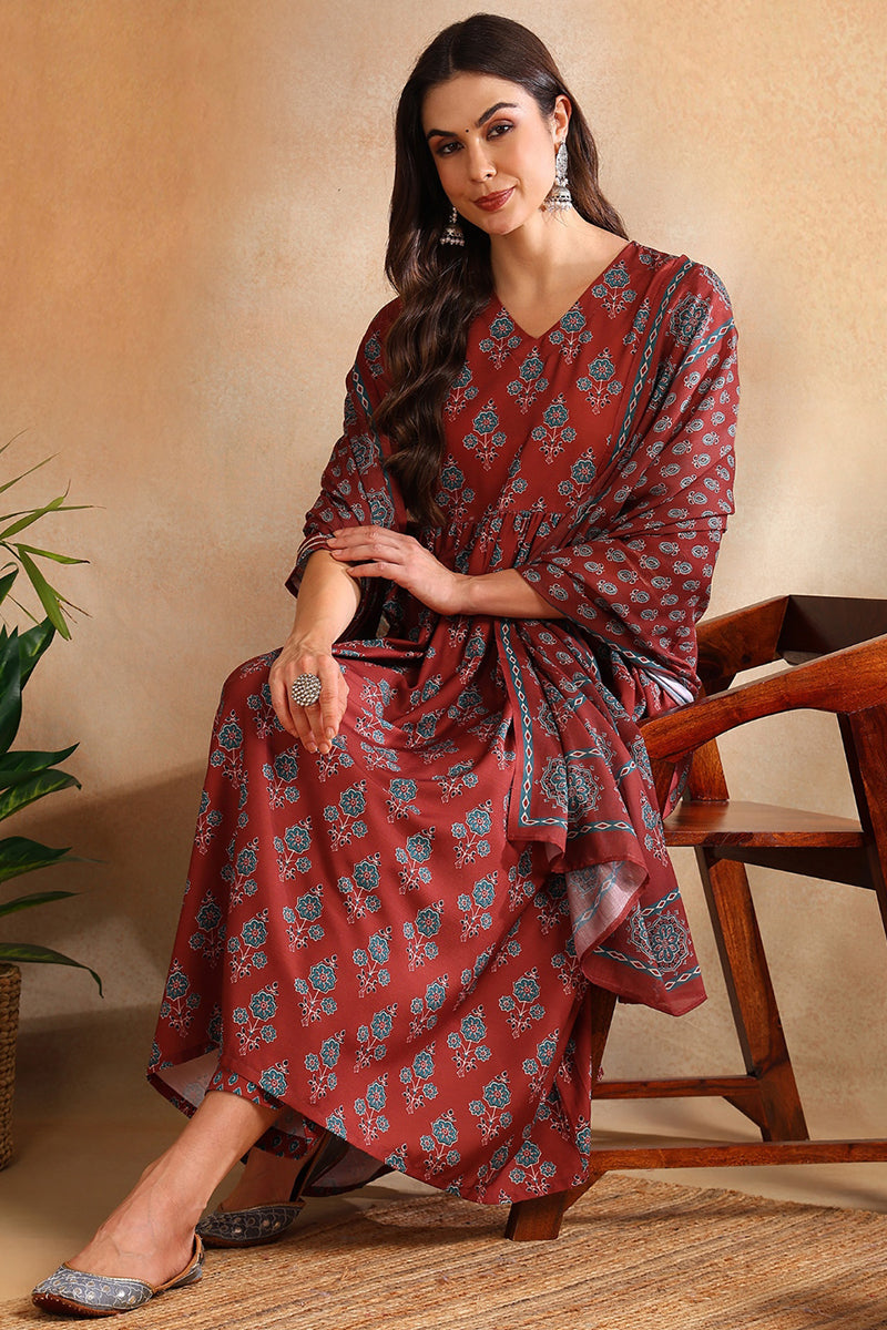 Women's Brown Rayon Blend Floral Printed A-Line Kurta Trouser With Dupatta - Ahika