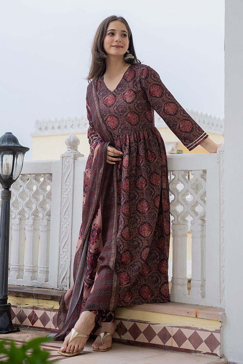 Women's Multi Rayon Blend Ethnic Motifs Printed A-Line Kurta Trouser With Dupatta - Ahika