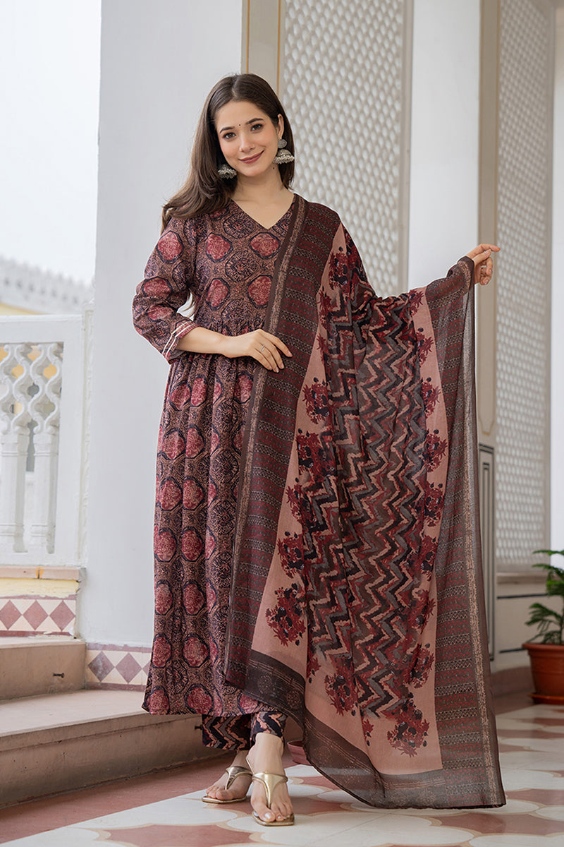 Women's Multi Rayon Blend Ethnic Motifs Printed A-Line Kurta Trouser With Dupatta - Ahika