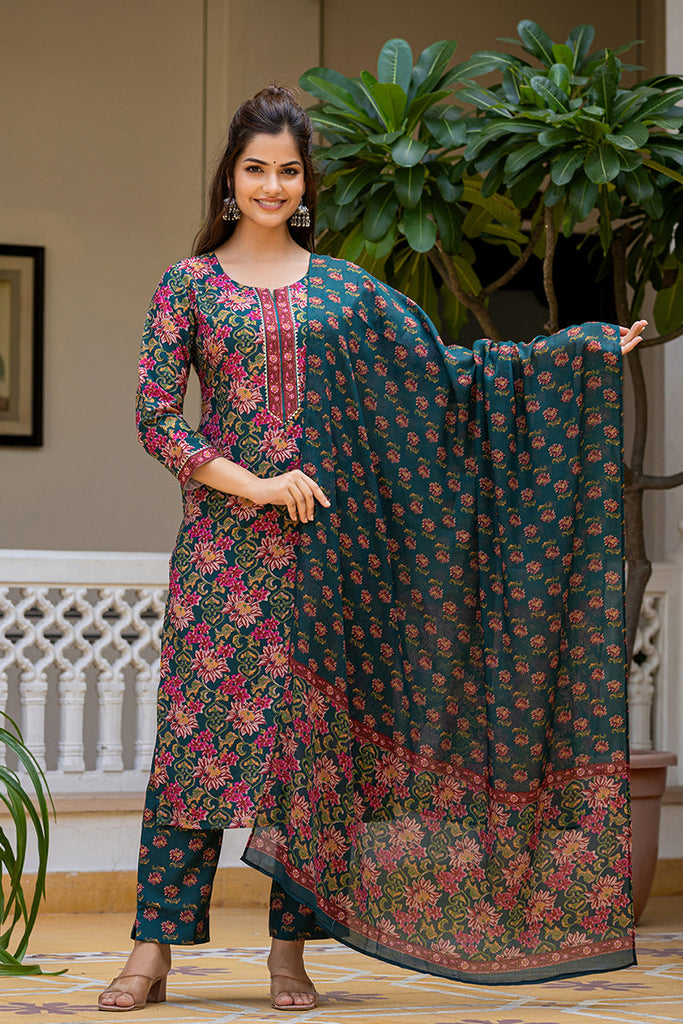 Women's Green Rayon Blend Floral Printed Straight Kurta Trouser With Dupatta