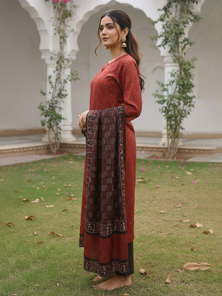 Women's Maroon Rayon Blend Geometric Printed Straight Kurta Trousers With Dupatta