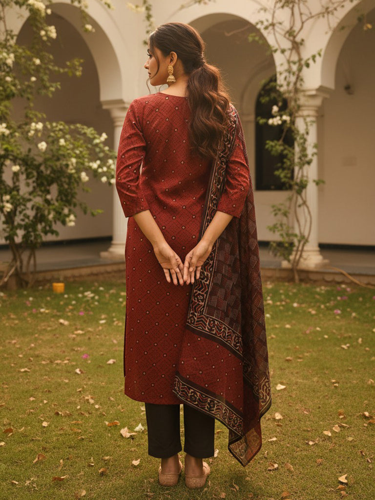 Women's Maroon Rayon Blend Geometric Printed Straight Kurta Trousers With Dupatta