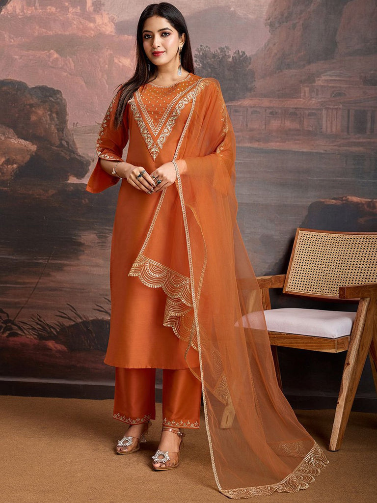 Women's Orange Cotton Silk Embroidered In Neck  Kurta Set