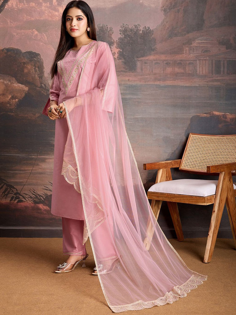 Women's Pink Cotton Silk Embroidered In Neck  Kurta Set