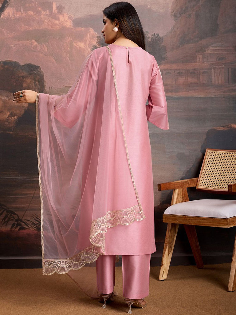Women's Pink Cotton Silk Embroidered In Neck  Kurta Set