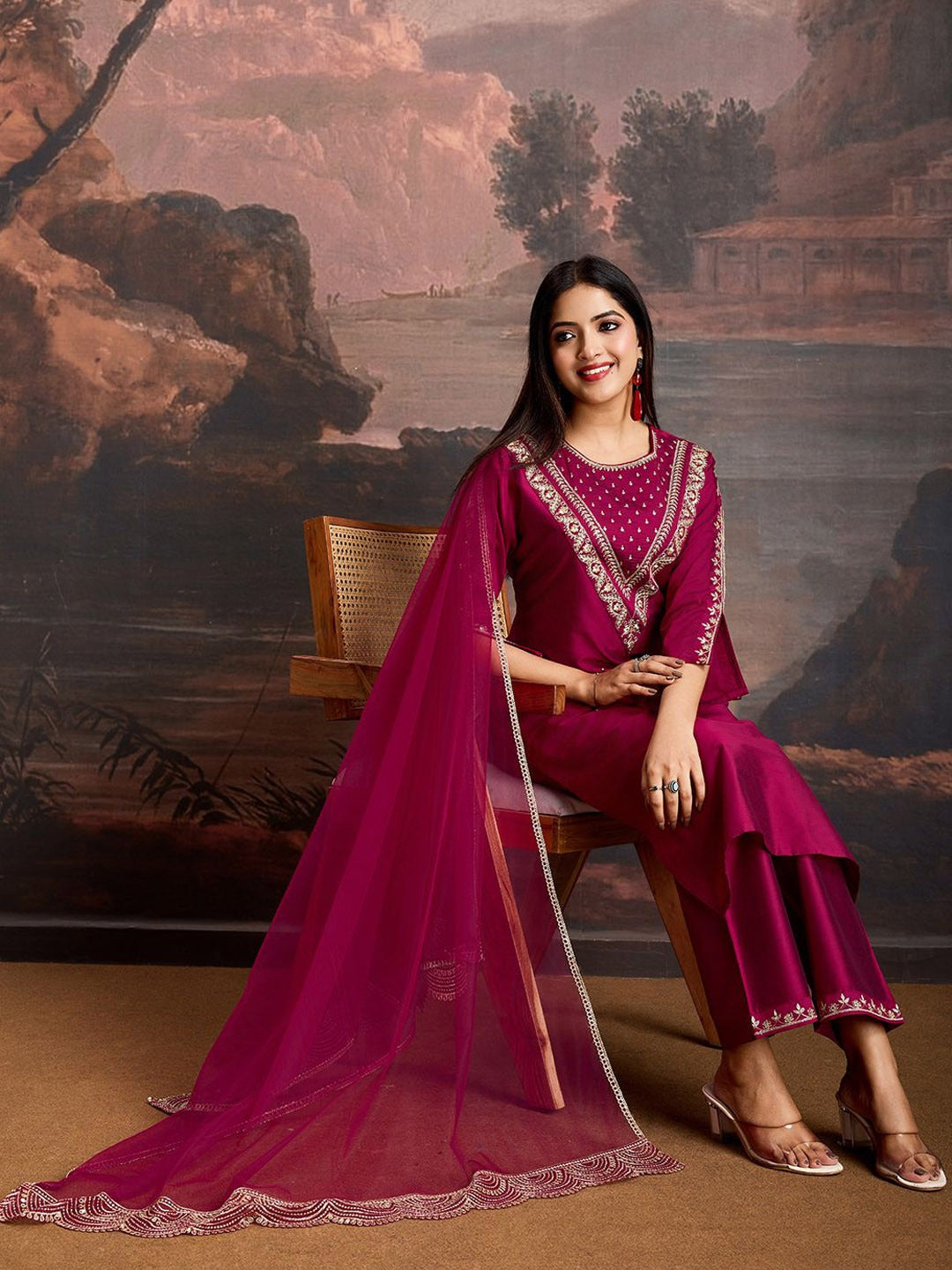 Women's Rani Cotton Silk Embroidered In Neck  Kurta Set