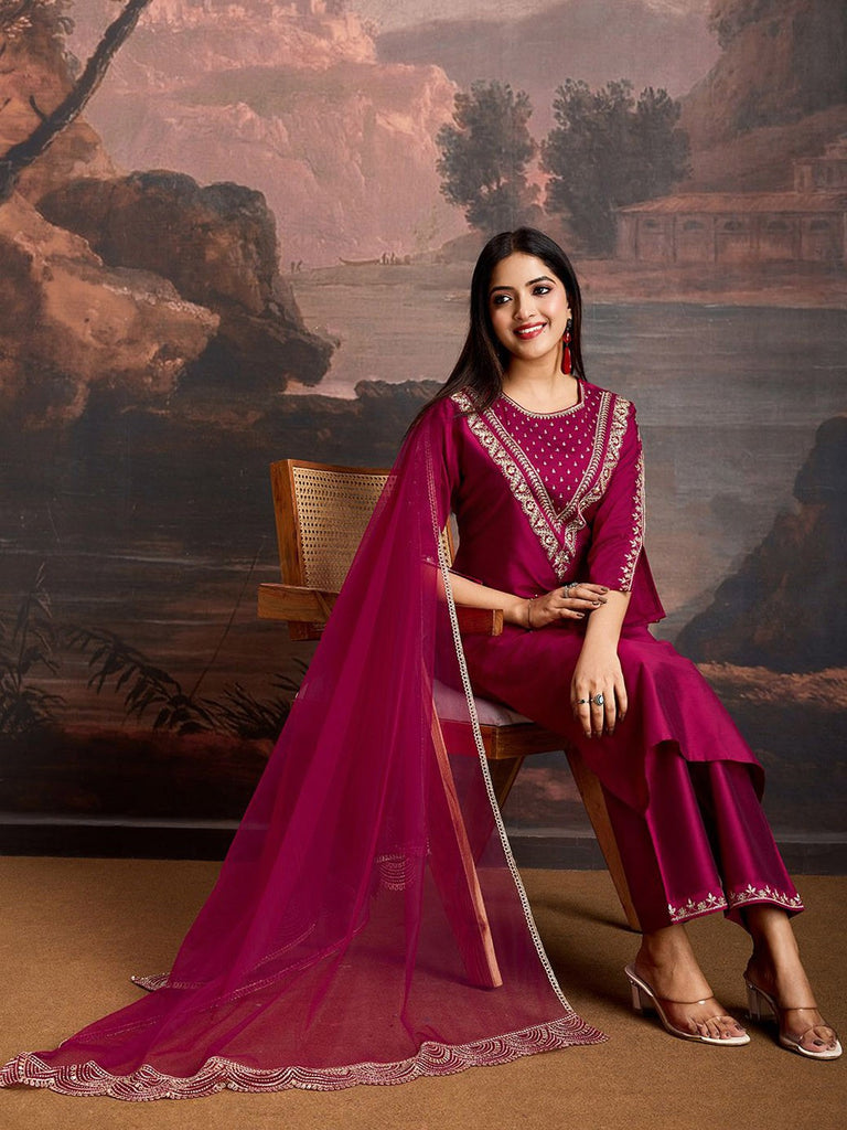 Women's Rani Cotton Silk Embroidered In Neck  Kurta Set