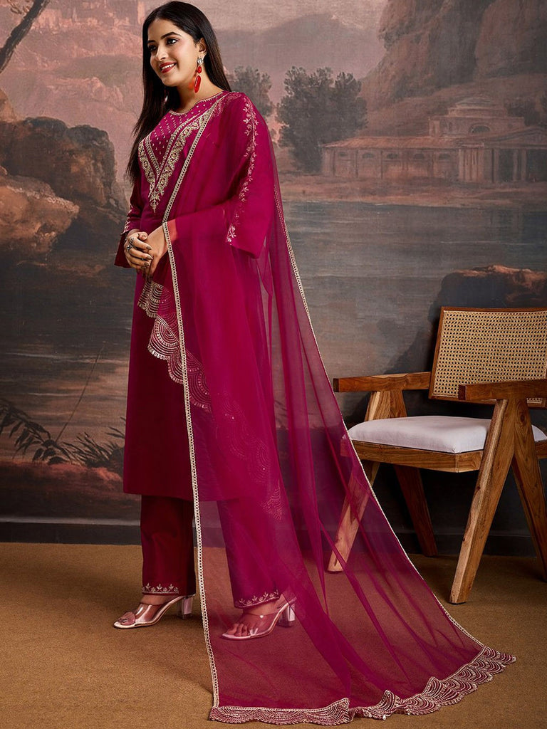 Women's Rani Cotton Silk Embroidered In Neck  Kurta Set