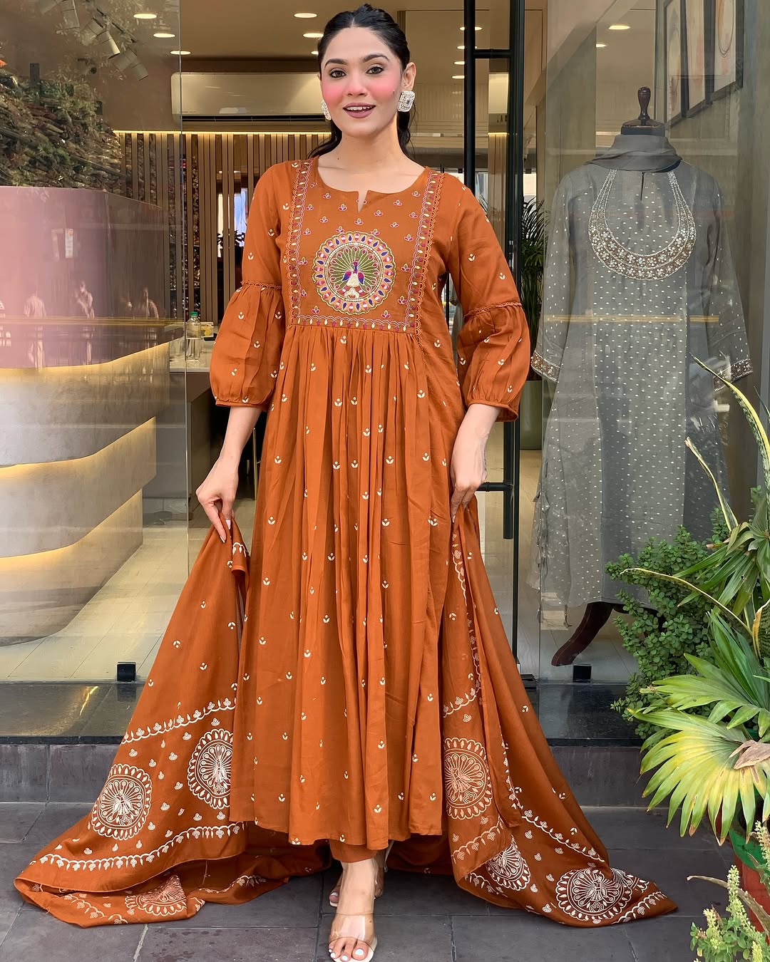 Women's Rust Embroidered Kurta With Pant And Duppata Set