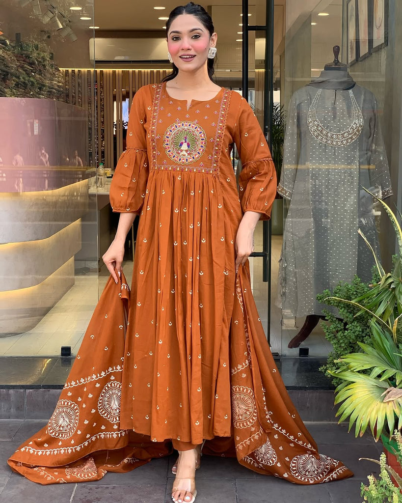 Women's Rust Embroidered Kurta With Pant And Duppata Set