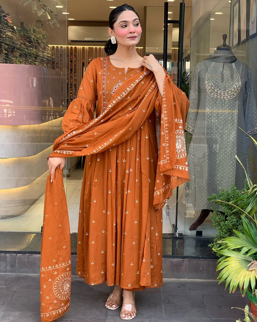 Women's Rust Embroidered Kurta With Pant And Duppata Set