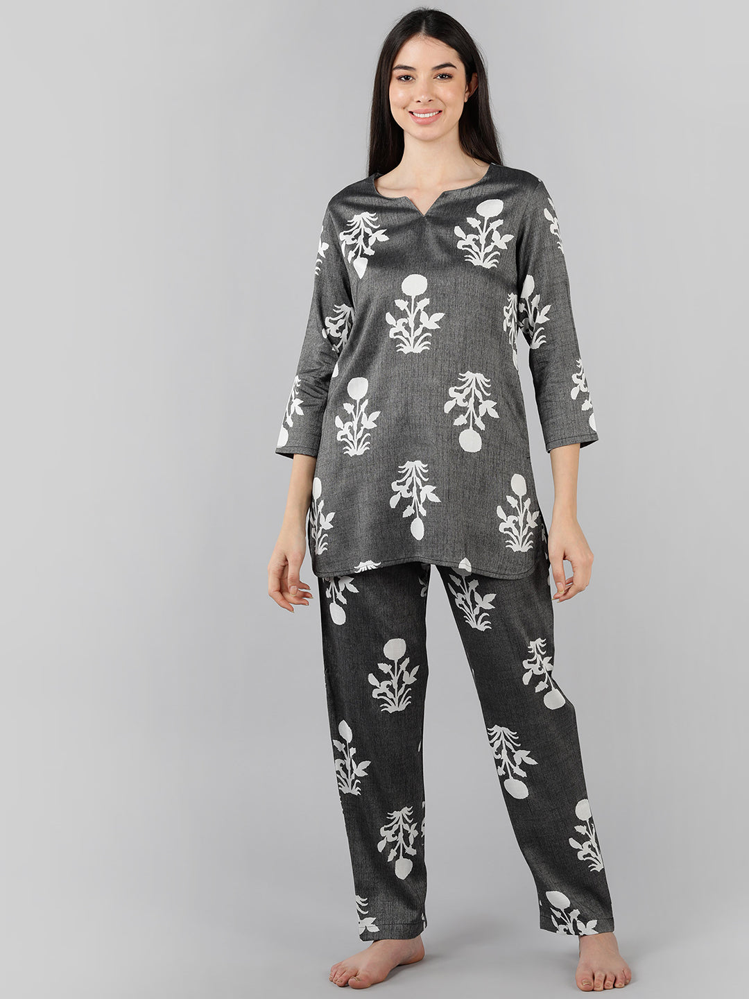 Women's Grey Cotton Floral Printed Night Suit  - Ahika