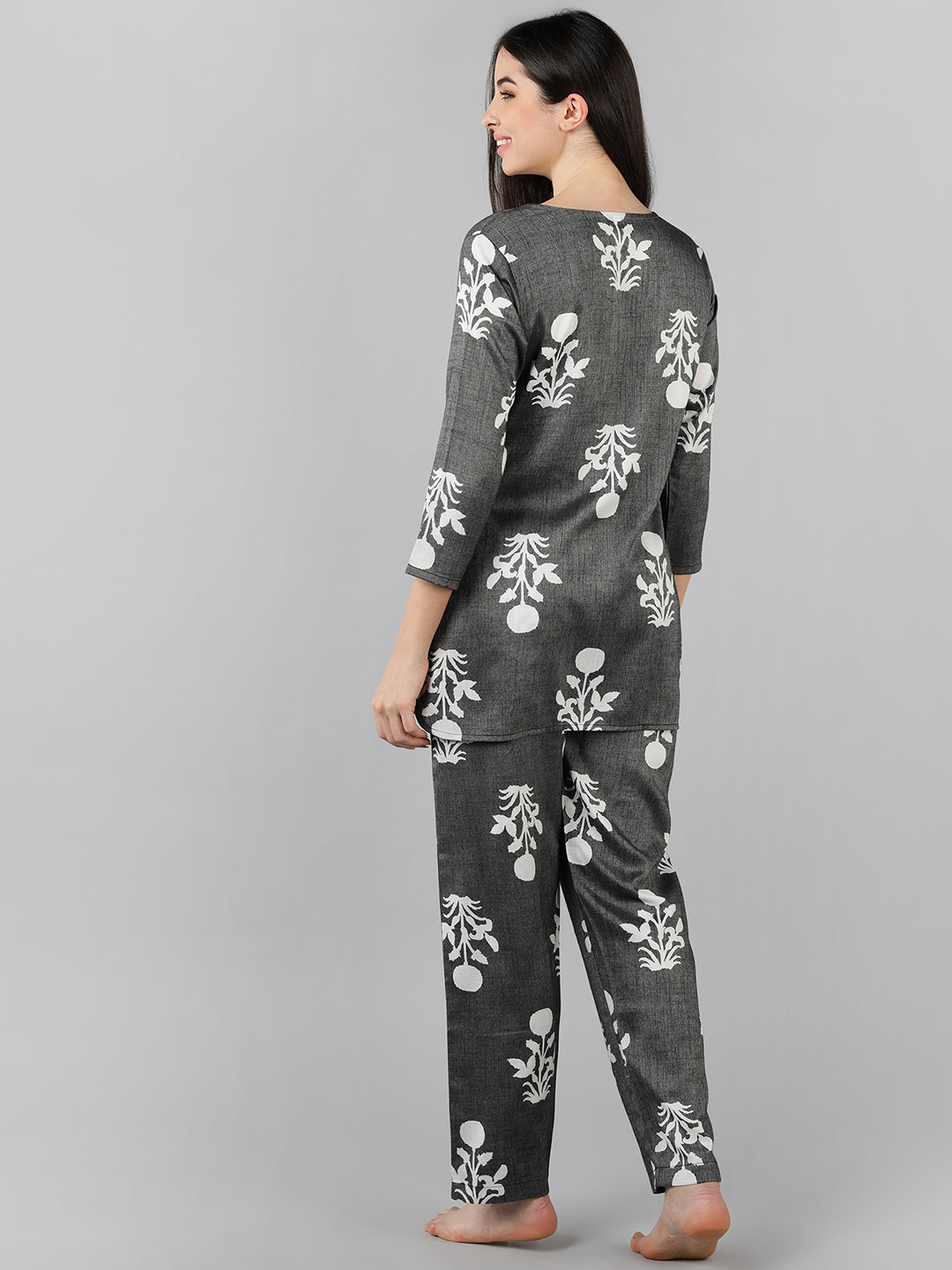 Women's Grey Cotton Floral Printed Night Suit  - Ahika