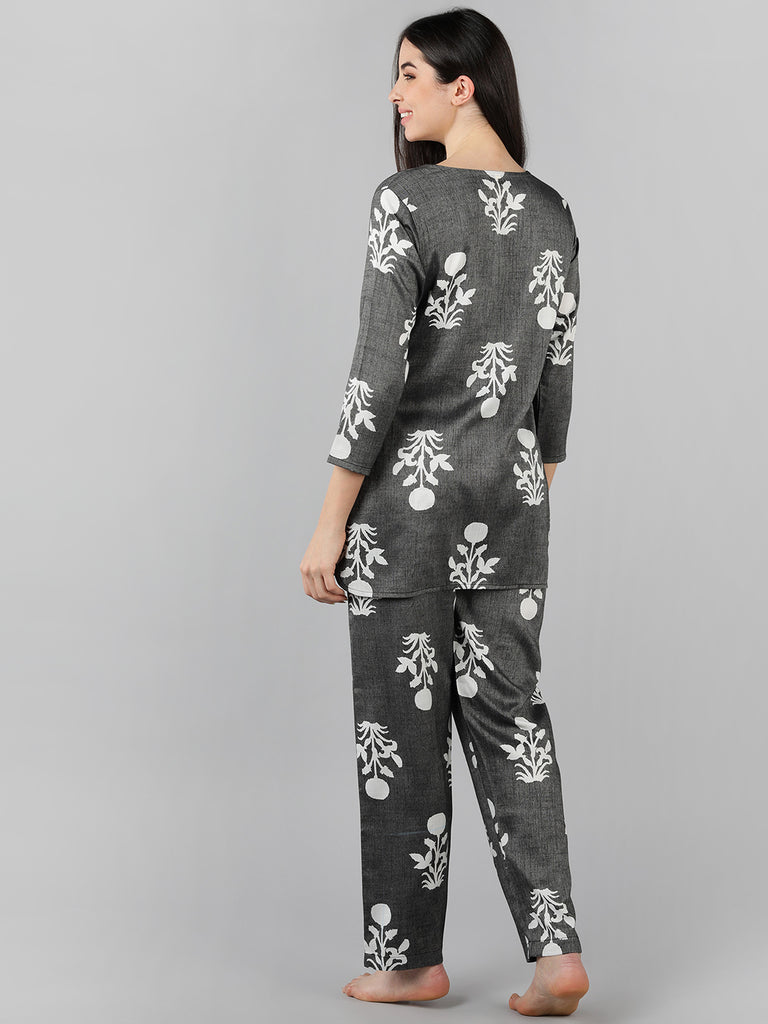 Women's Grey Cotton Floral Printed Night Suit