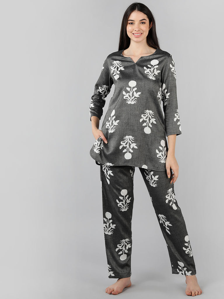 Women's Grey Cotton Floral Printed Night Suit