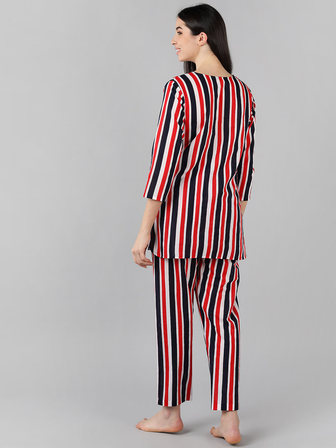 Women's Multi Pure Cotton Striped Printed Night Suit  - Ahika