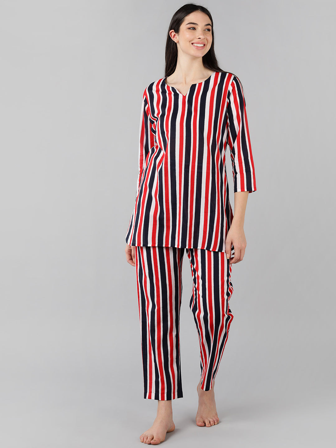 Women's Multi Pure Cotton Striped Printed Night Suit  - Ahika