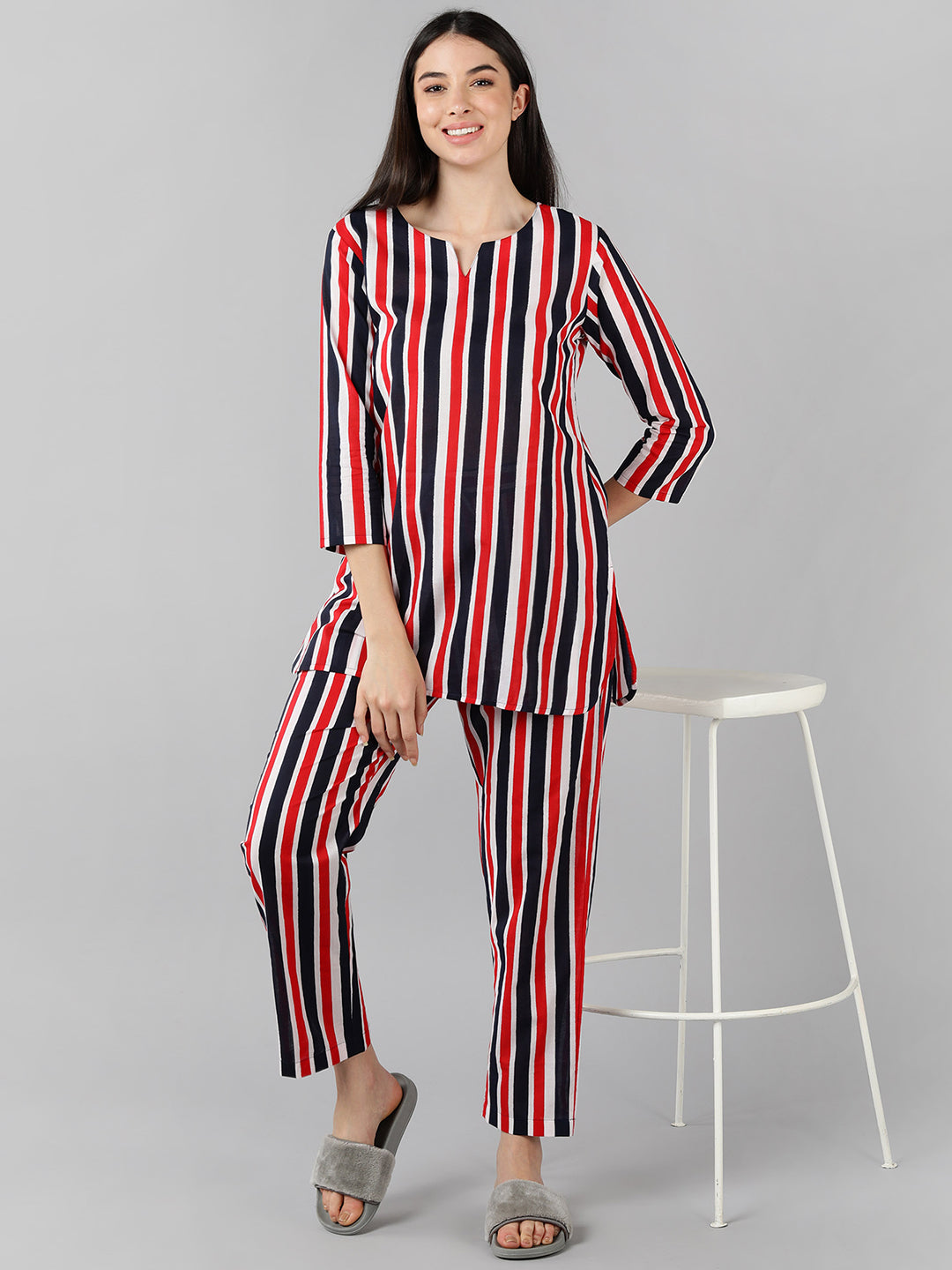 Women's Multi Cotton Striped Printed Night Suit