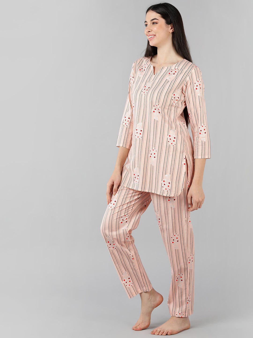 Women's Peach Cotton Striped Printed Night Suit  - Ahika