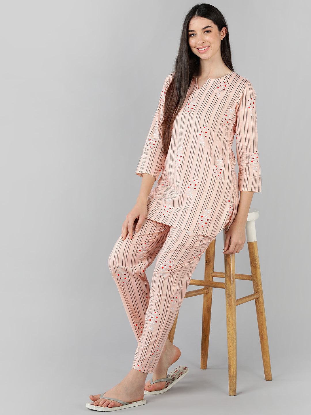 Women's Peach Cotton Striped Printed Night Suit  - Ahika