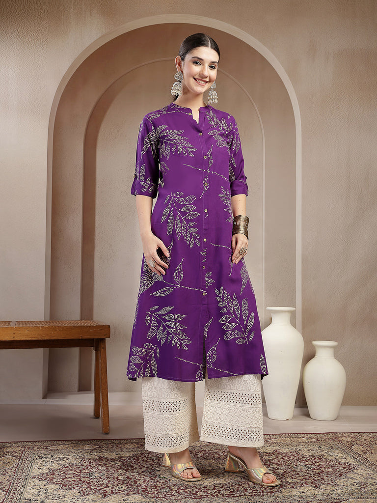 Women's Violet Floral Printed Rayon A-line Kurta