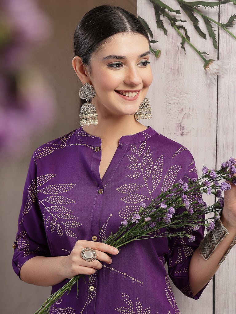 Women's Violet Floral Printed Rayon A-line Kurta