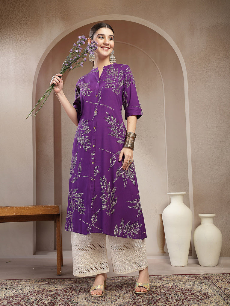 Women's Violet Floral Printed Rayon A-line Kurta