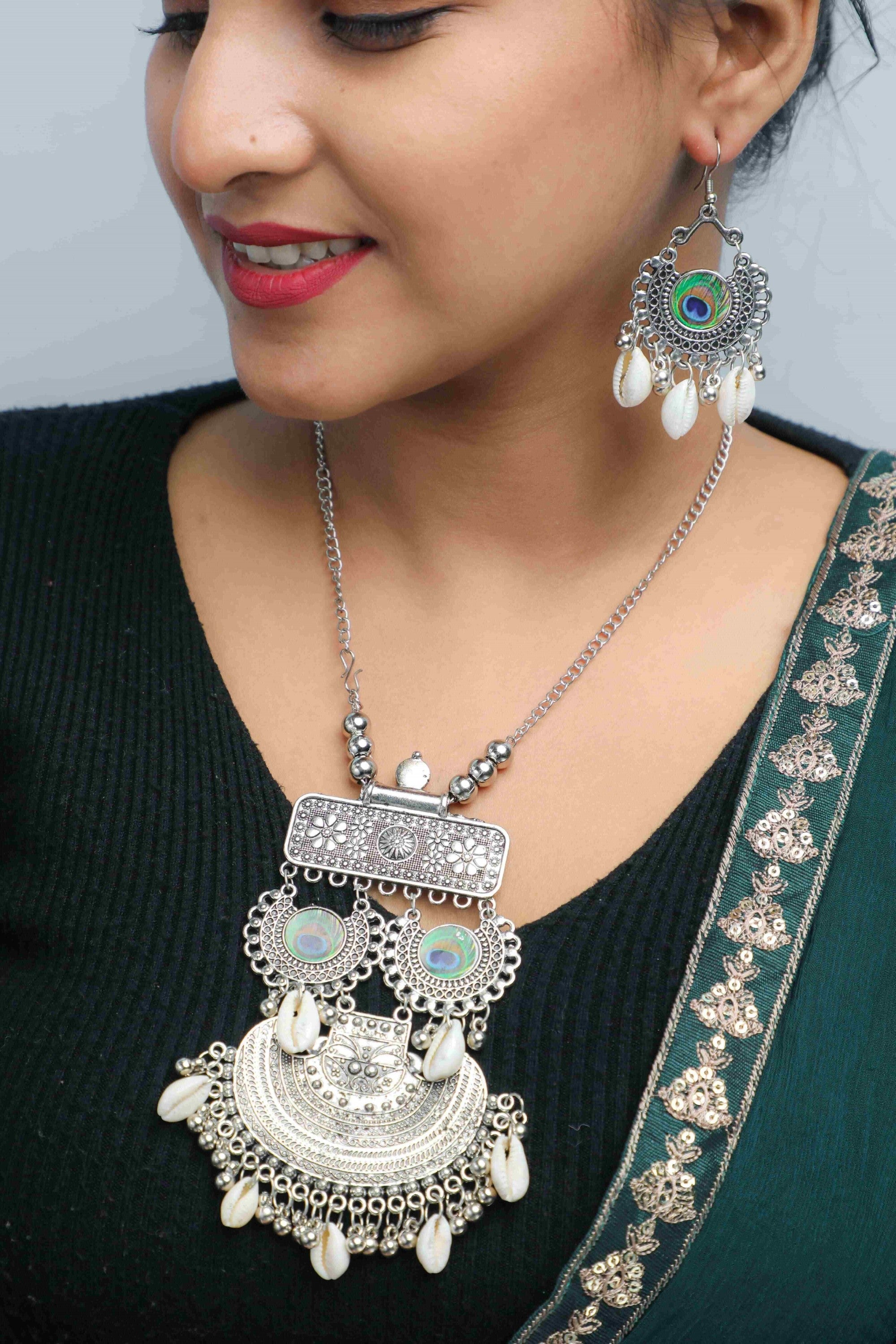 Women's Oxidised Silver Plated Peacock Feather And Shell Jewellery Set